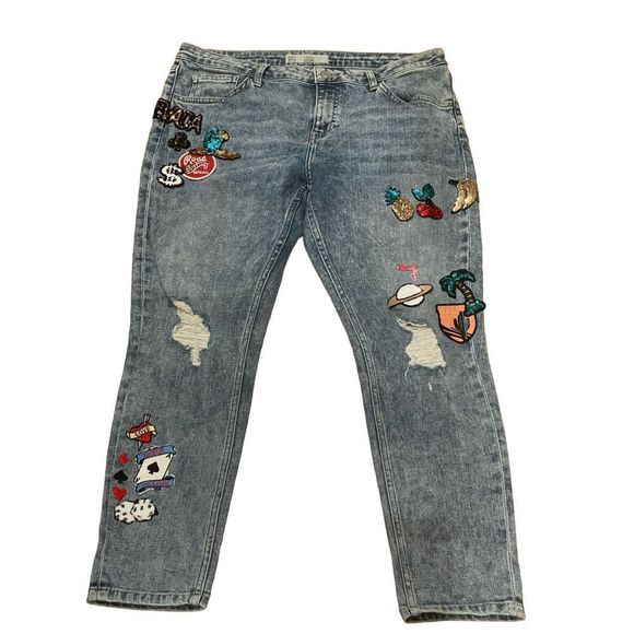 Topshop Denim - Topshop Moto Lucas Women’s Sequin patches Acid Washed Denim Jeans 32